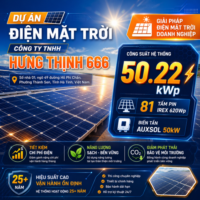 Điện mặt trời doanh nghiệp Hà Tĩnh 50.22kWp tại Công ty Hưng Thịnh 666