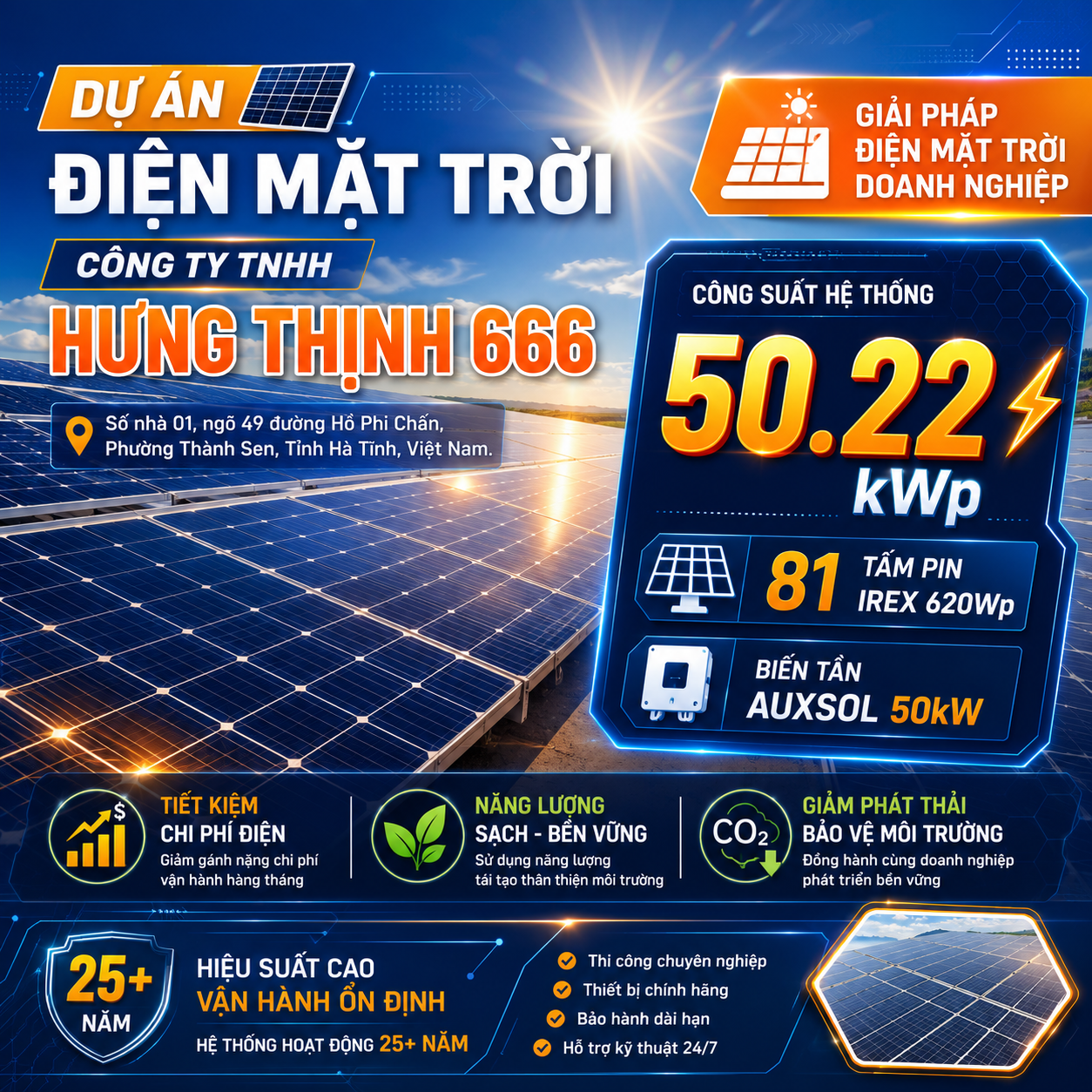 Điện mặt trời doanh nghiệp Hà Tĩnh 50.22kWp tại Công ty Hưng Thịnh 666