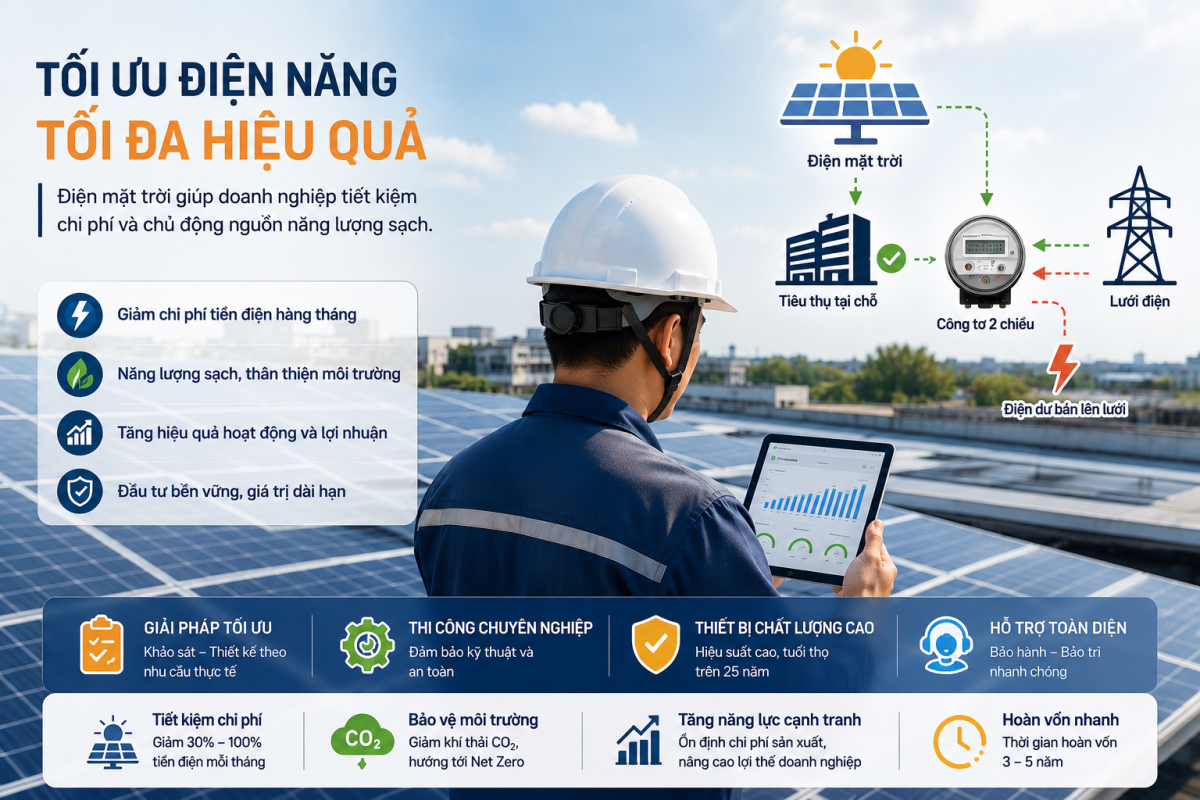 Sơ đồ minh họa nguyên lý tự tiêu thụ điện và phát phần điện dư lên lưới từ hệ thống điện mặt trời mái nhà