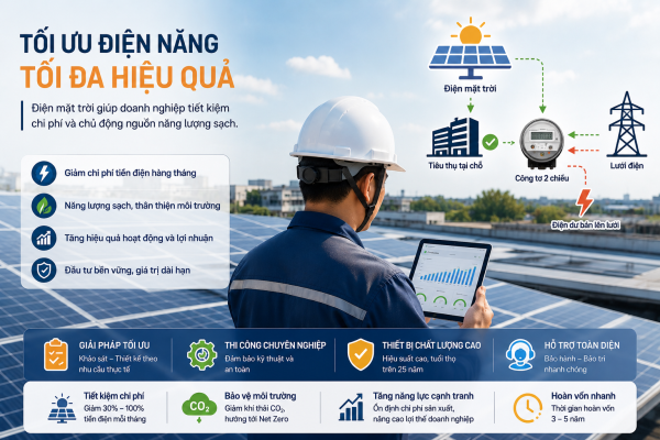 Sơ đồ minh họa nguyên lý tự tiêu thụ điện và phát phần điện dư lên lưới từ hệ thống điện mặt trời mái nhà