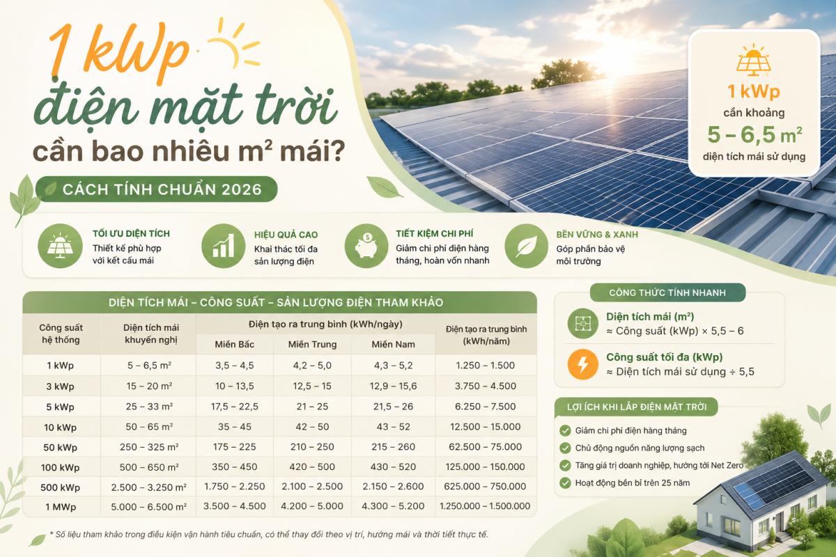 Infographic hướng dẫn 1 kWp điện mặt trời cần bao nhiêu m² mái, cách tính công suất, sản lượng điện và diện tích lắp đặt chuẩn năm 2026 do Taiyou Việt Nam tổng hợp.