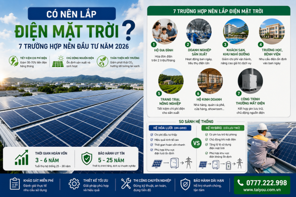 có nên lắp điện mặt trời năm 2026 với 7 trường hợp nên đầu tư, so sánh hệ hòa lưới và Hybrid.