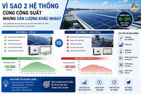 Vì sao hai hệ thống điện mặt trời cùng công suất có sản lượng khác nhau?