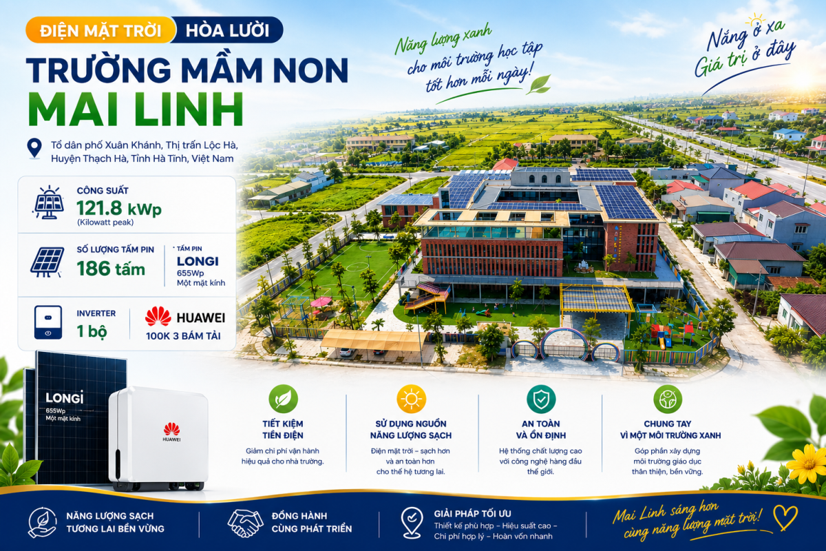 Điện mặt trời Hà Tĩnh 121.8 kWp tại Trường Mầm Non Mai Linh