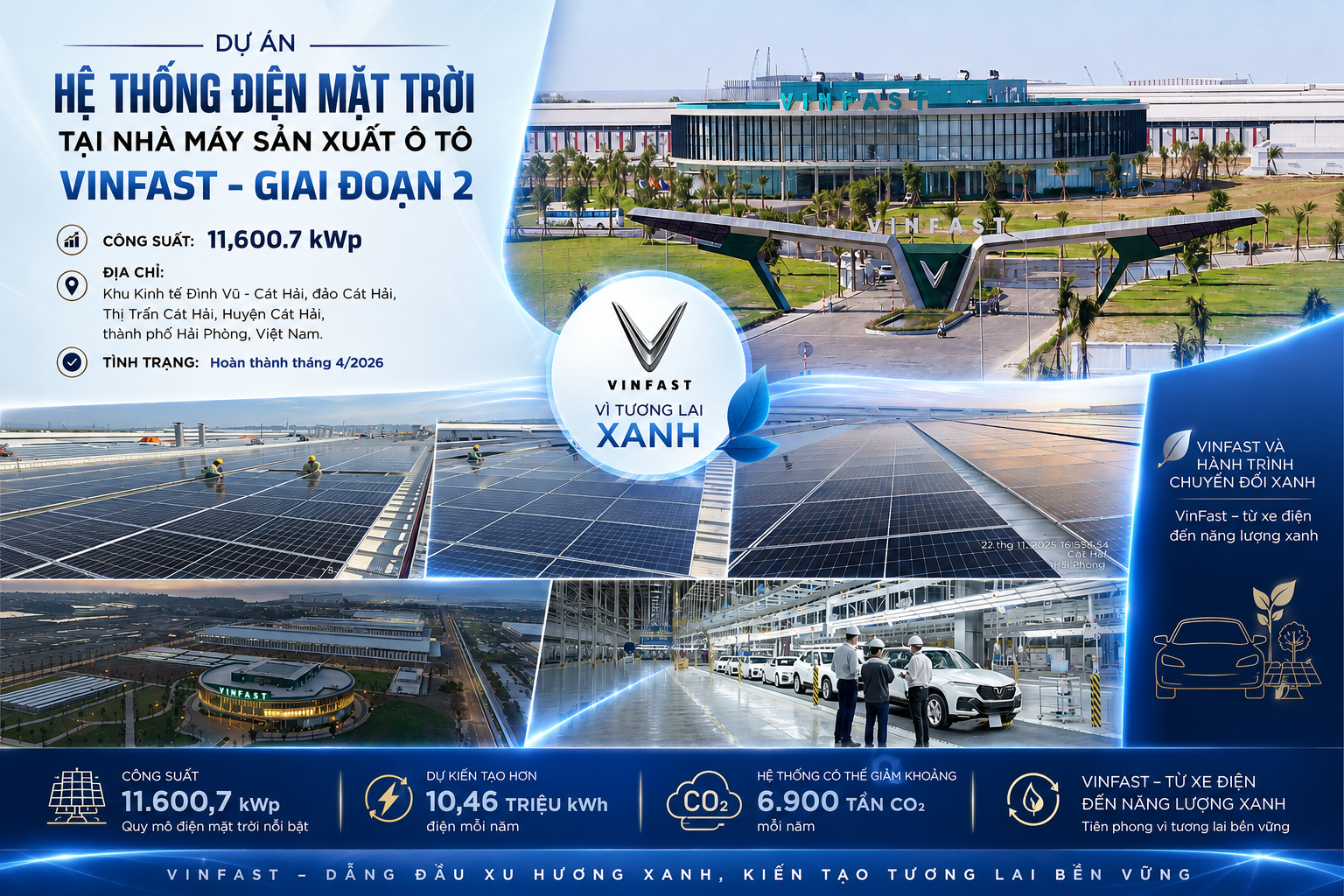 Hệ thống điện mặt trời 11.600,7 kWp tại Nhà máy sản xuất ô tô VinFast Hải Phòng