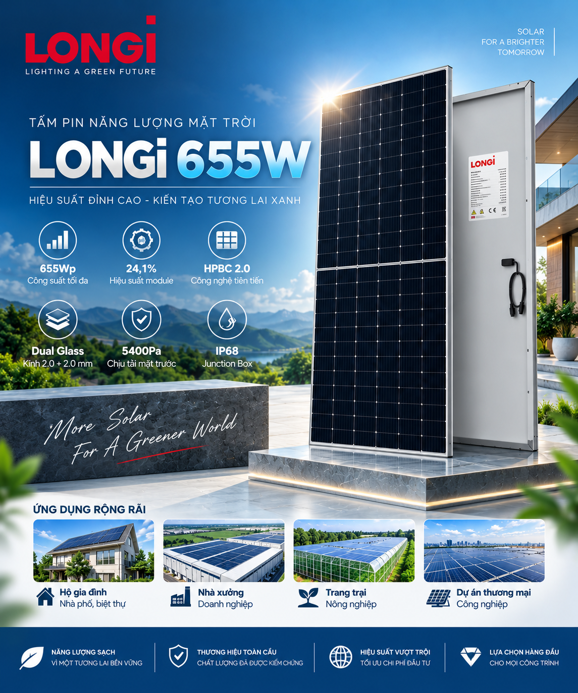 Tấm pin năng lượng mặt trời LONGi 655W công nghệ HPBC 2.0, hiệu suất 24,2%. Tấm pin năng lượng mặt trời LONGi 655W Hi-MO 9